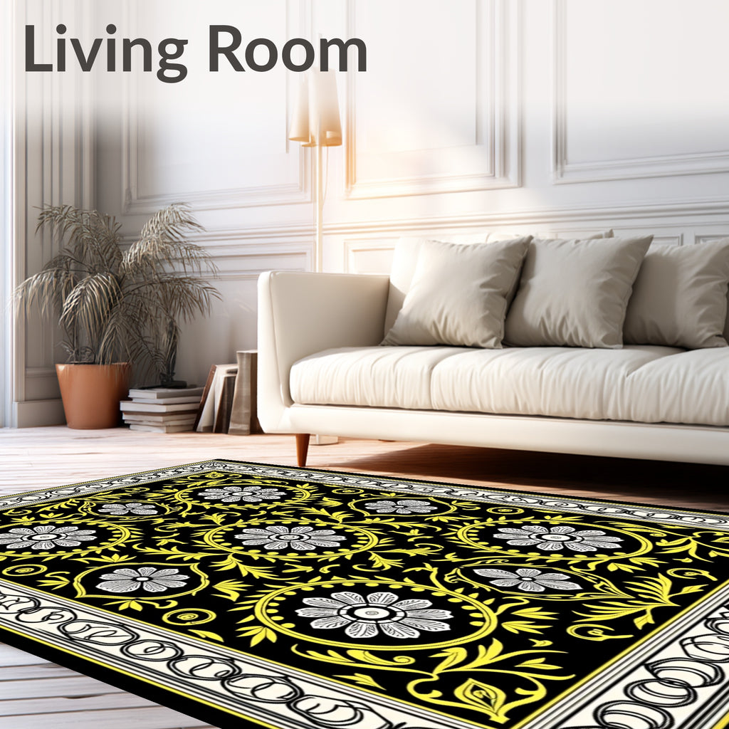 Black Floral Medallion Yellow Border Rug