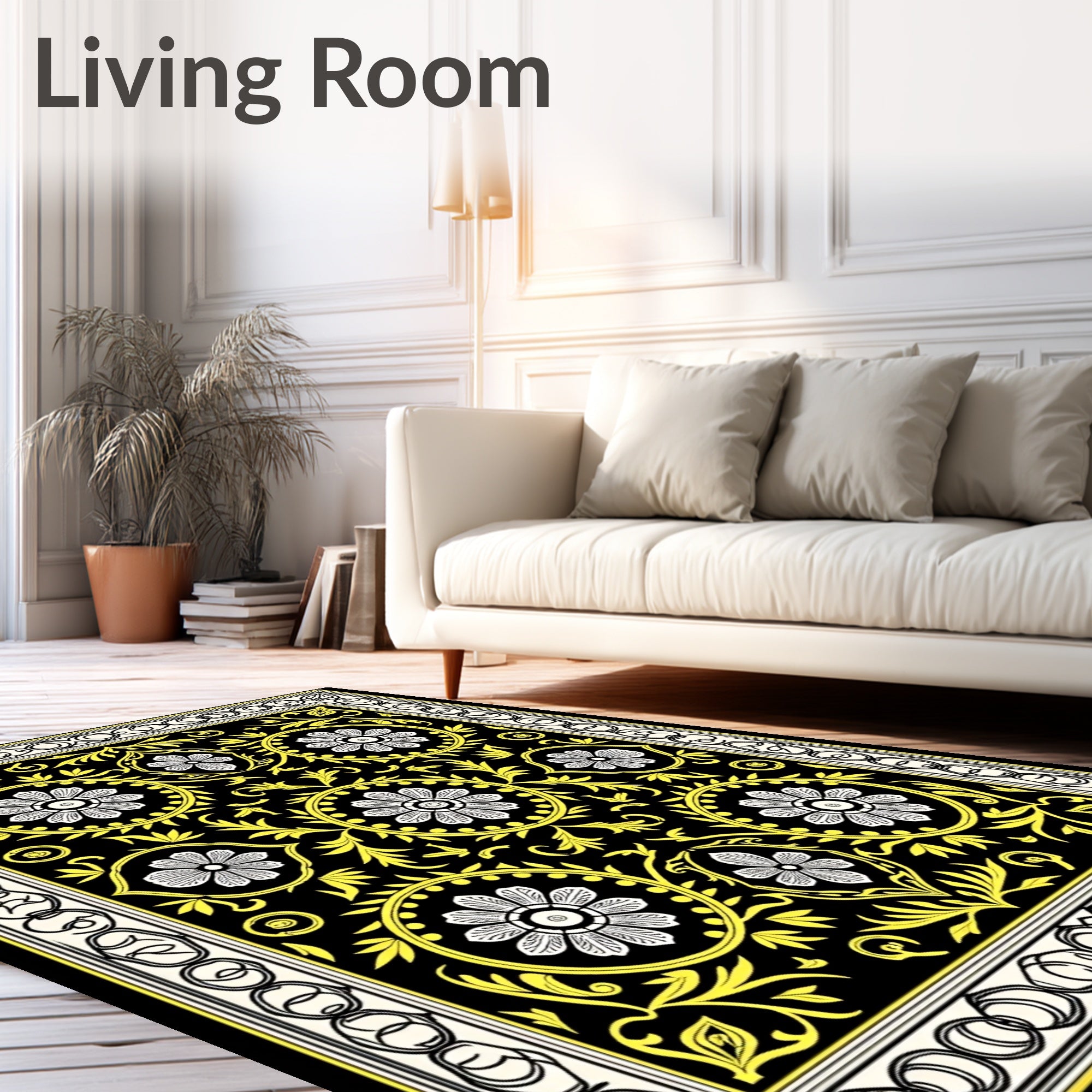 Black Floral Medallion Yellow Border Rug