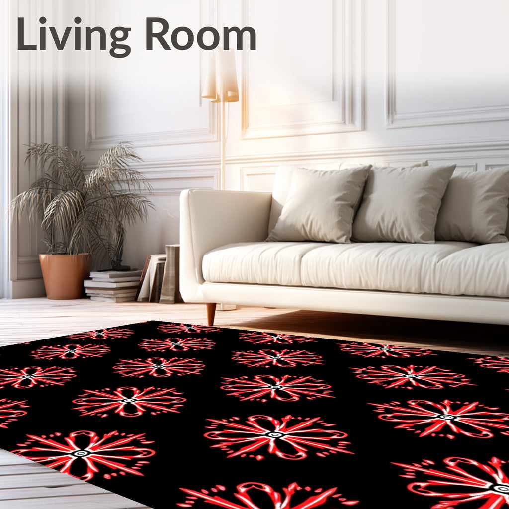 Red Floral Medallion Black Background Rug