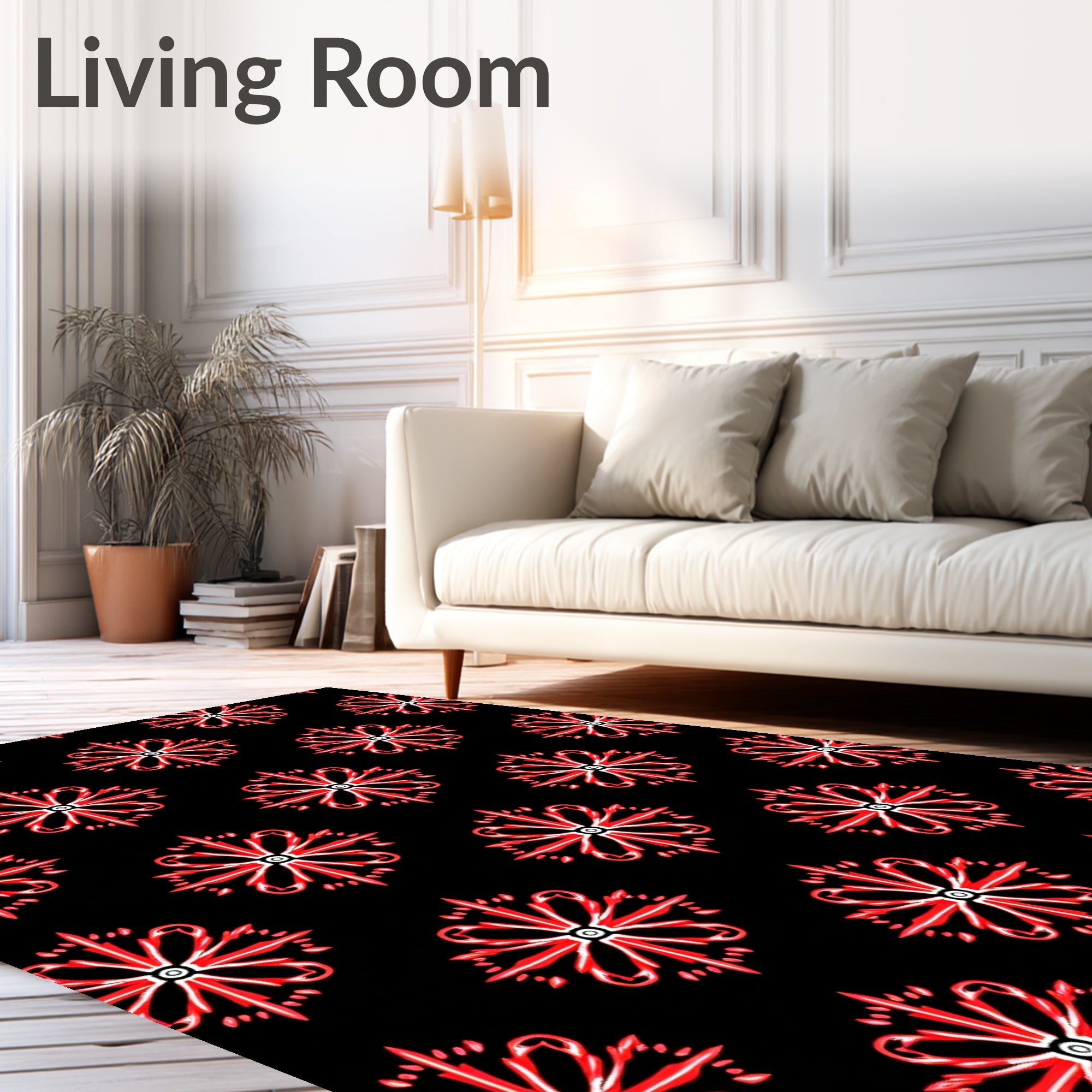 Red Floral Medallion Black Background Rug