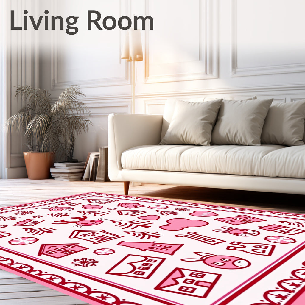 Pink Whimsical Winter Village Characters Rug