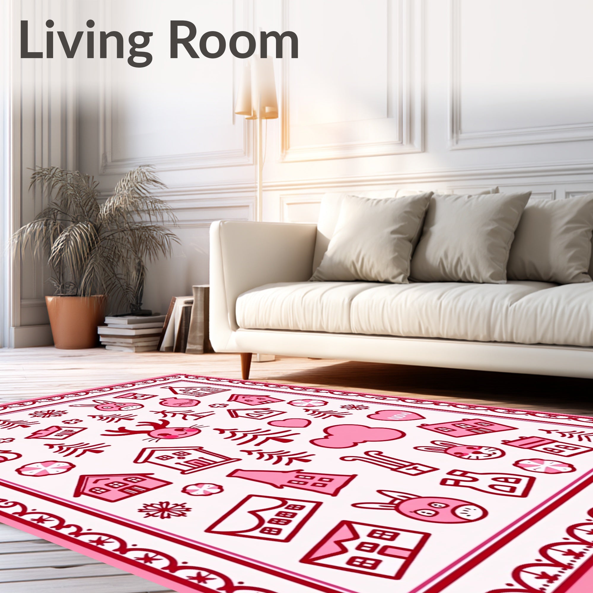 Pink Whimsical Winter Village Characters Rug