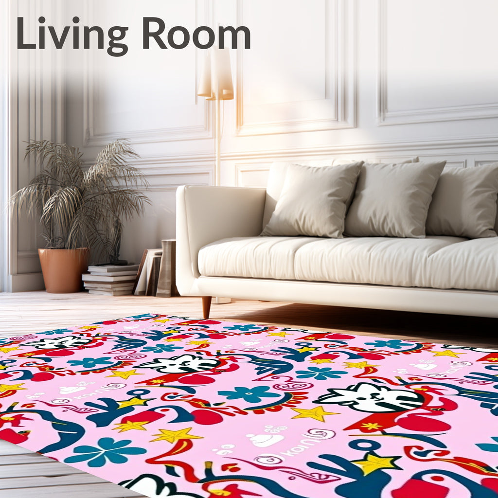 Whimsical Cat Stars Floral Pink Rug