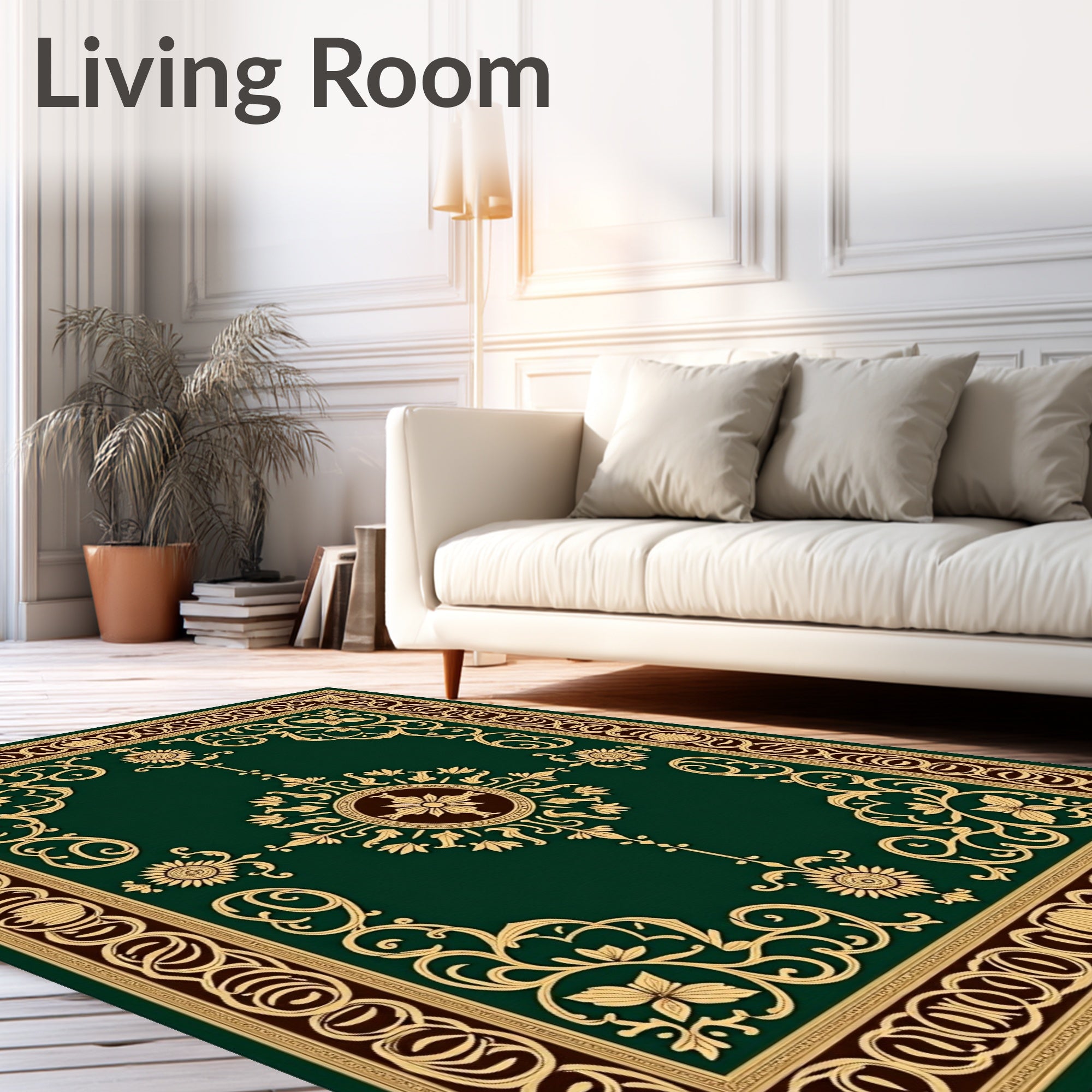 Ornate Dark Green Floral Scrollwork Rug