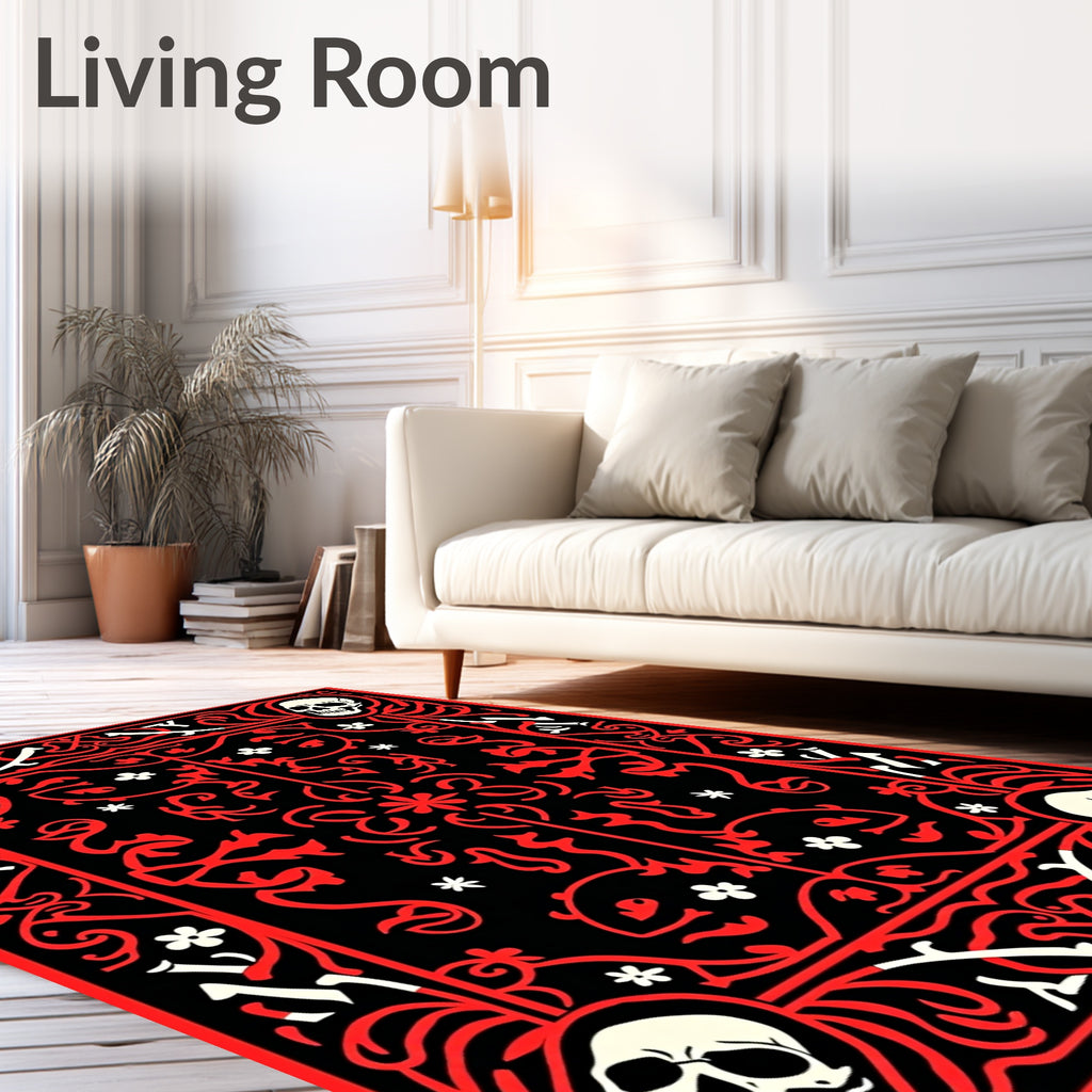 Red Skulls Bone Floral Border Accent Rug