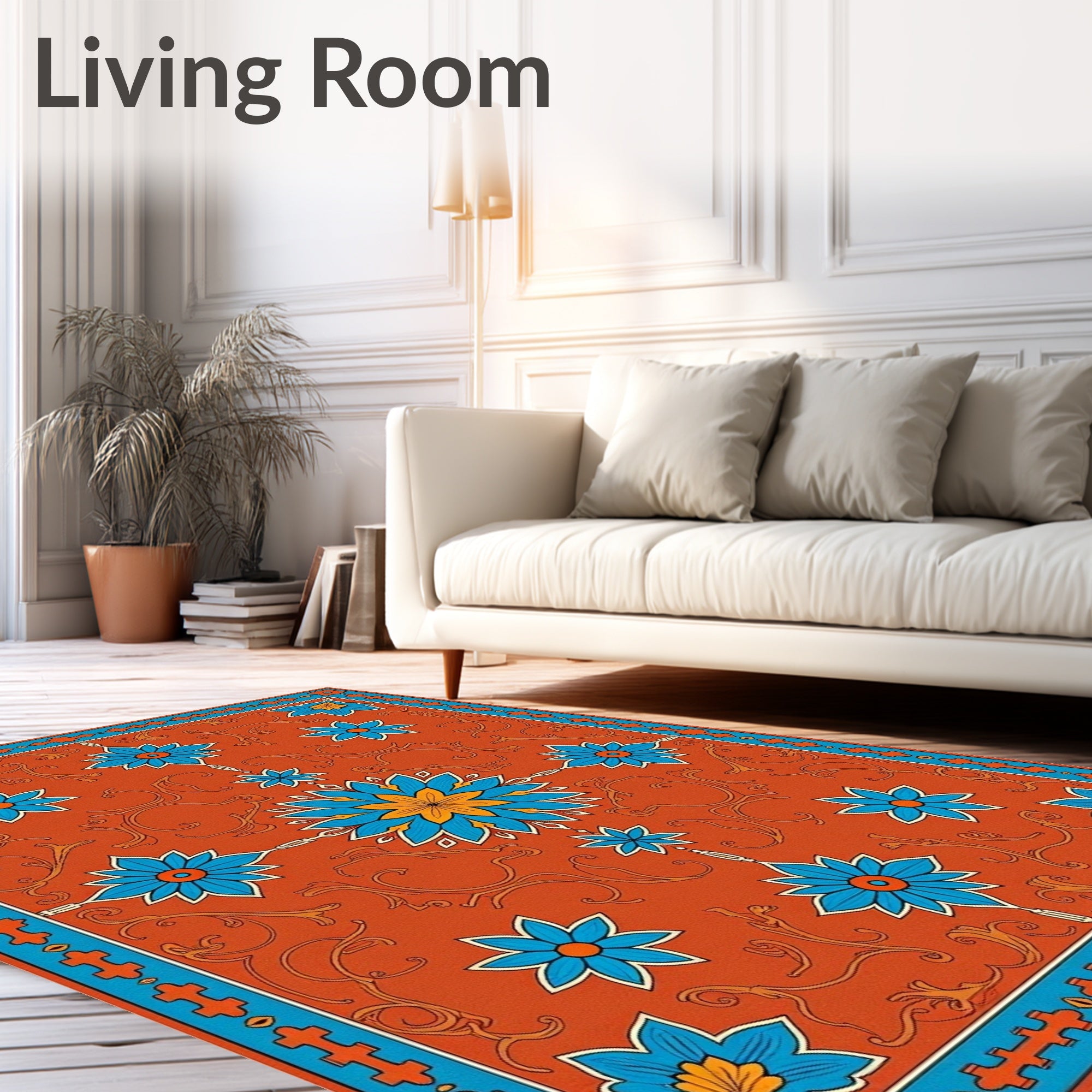 Crimson Orange Blue Floral Starburst Rug