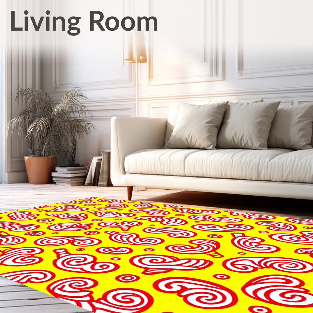 Vibrant Red Swirls Yellow Background Rug
