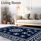 Navy White Snowflake Sunburst Border Rug