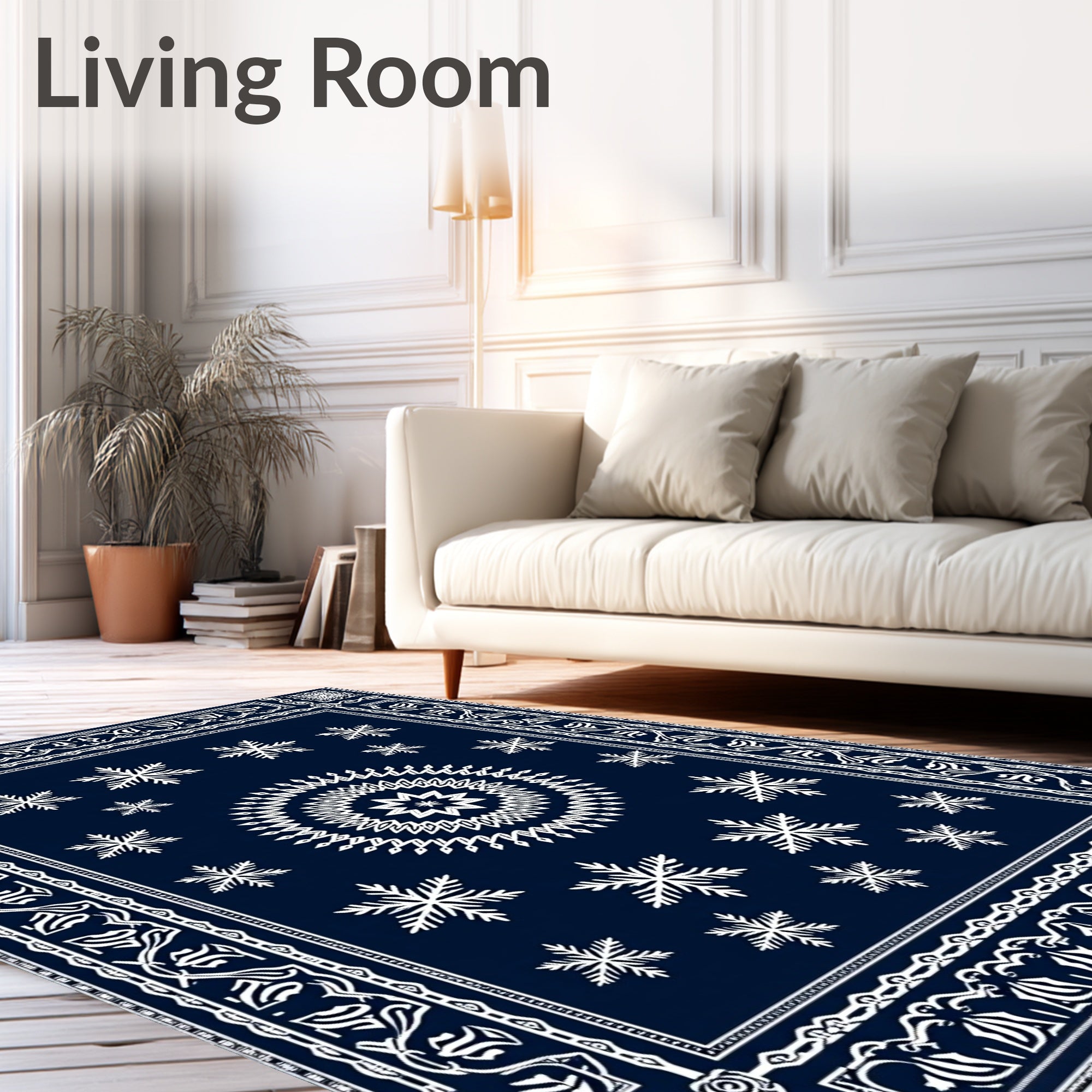 Navy White Snowflake Sunburst Border Rug