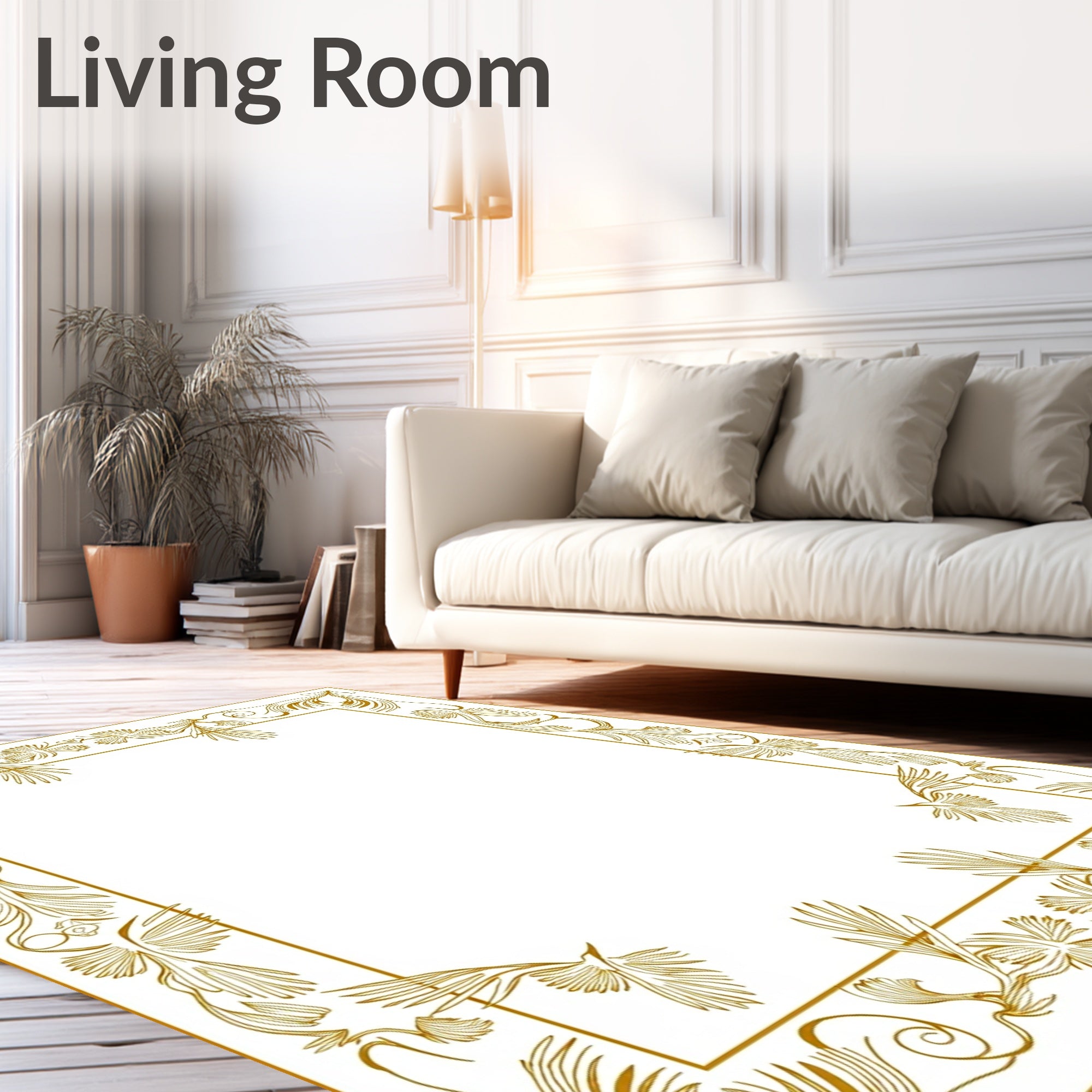 Golden Floral Bird Scrollwork Border Rug