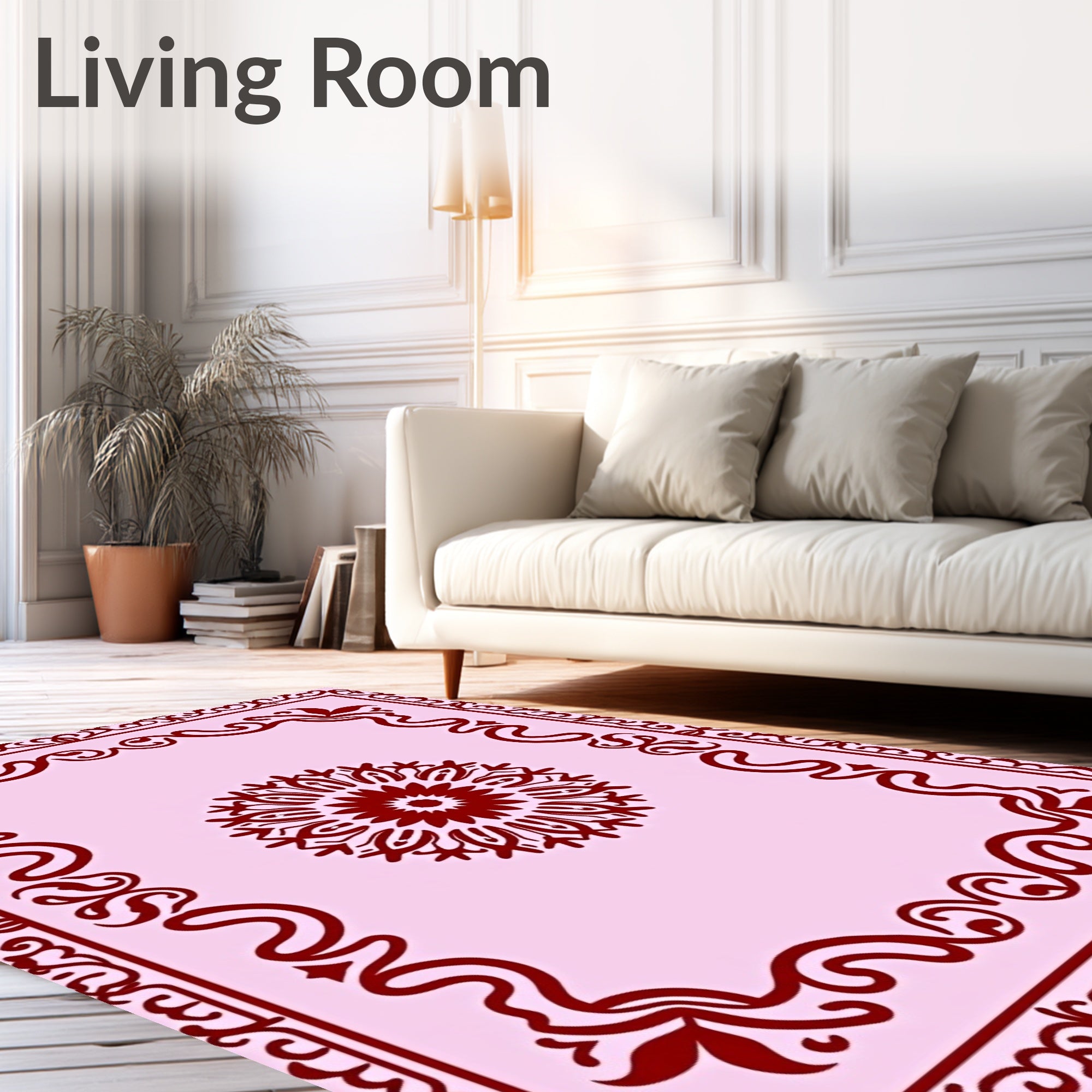 Crimson Mandala Floral Frame Rug