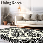 Black Ivory Damask Floral Medallion Rug