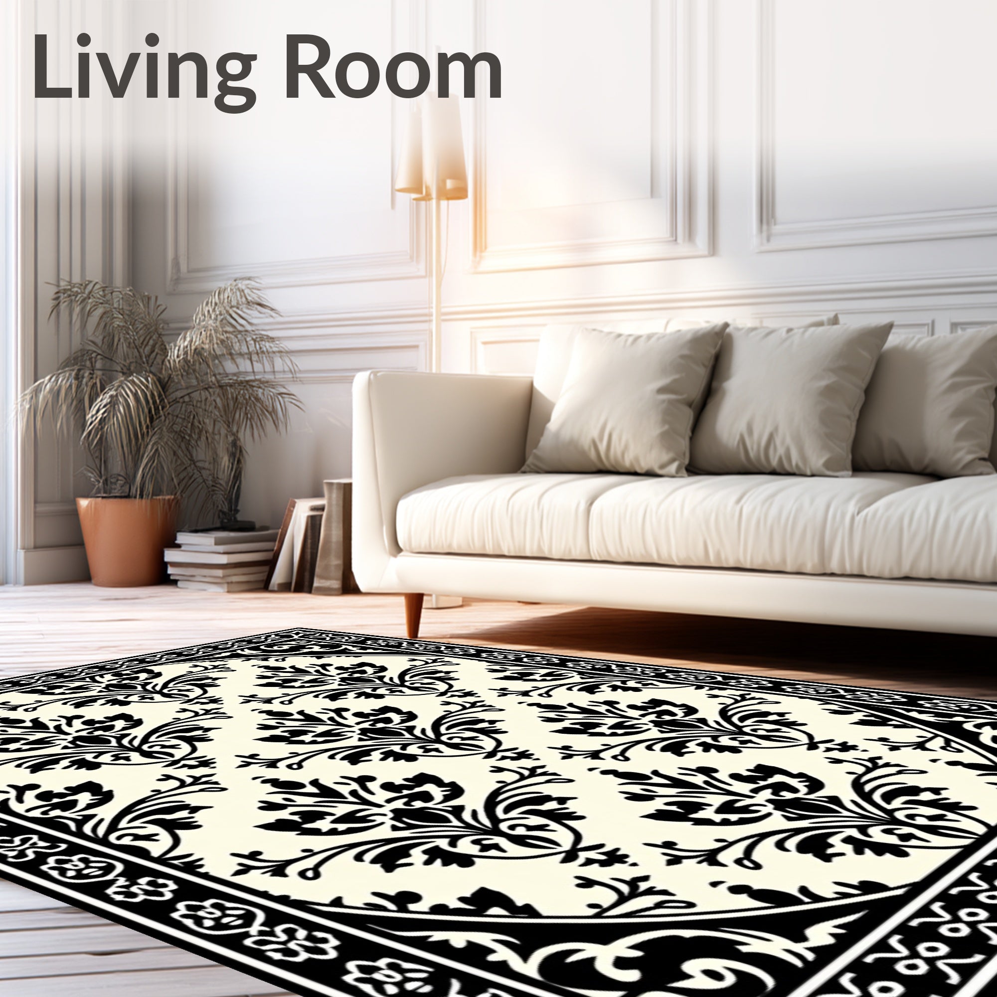 Black Ivory Damask Floral Medallion Rug