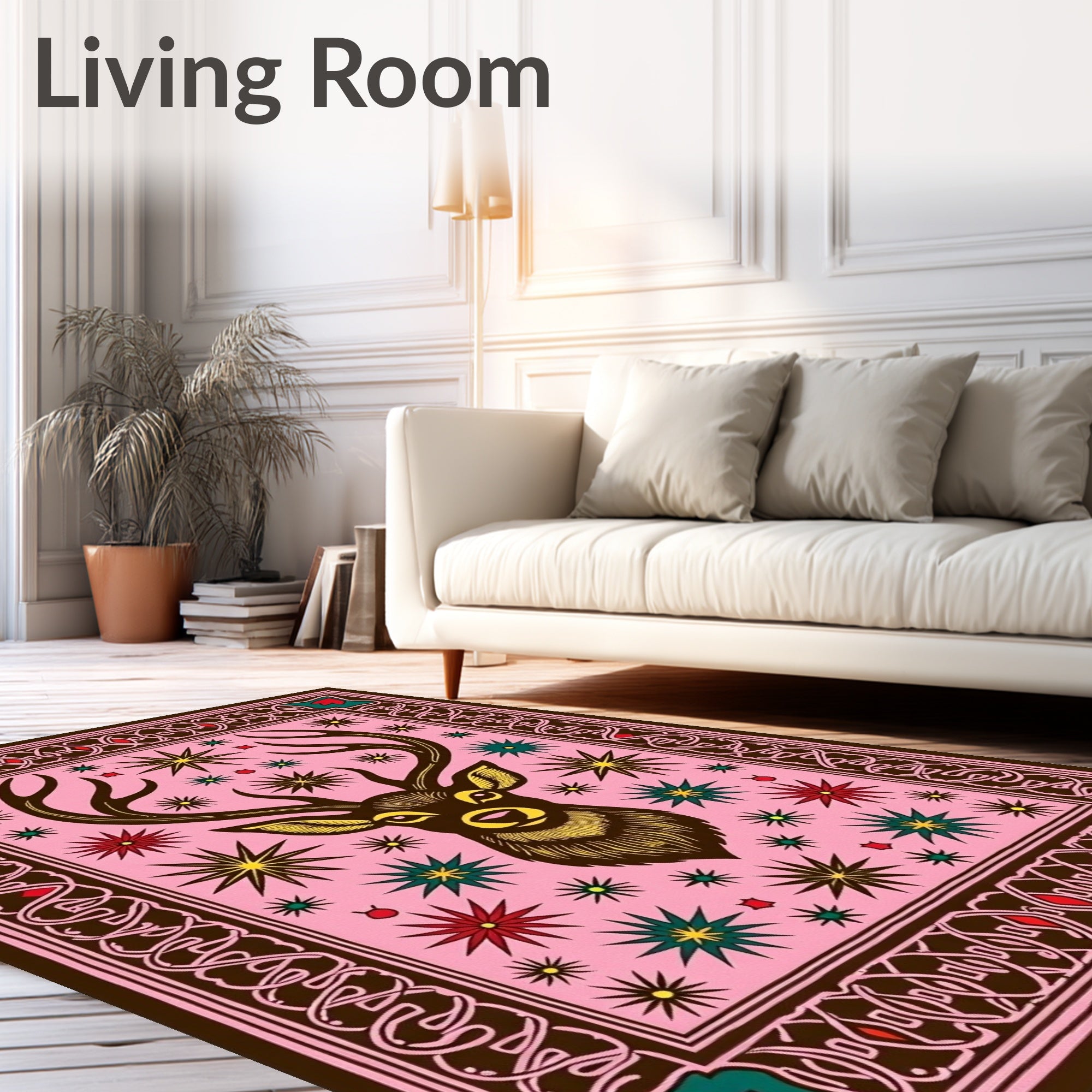 Pink Deer Stag Starburst Folk Art Rug