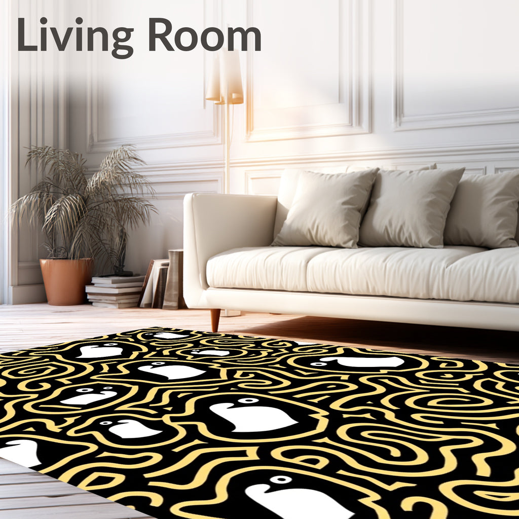 Whimsical Penguin Swirls Black Gold Rug