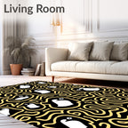 Whimsical Penguin Swirls Black Gold Rug
