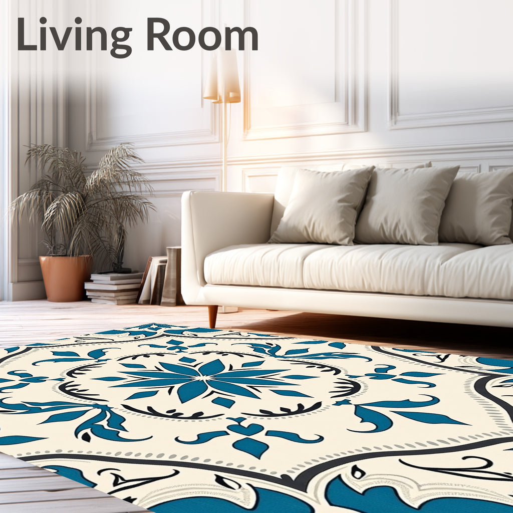 Teal Ivory Floral Medallion Tile Rug