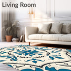 Teal Ivory Floral Medallion Tile Rug