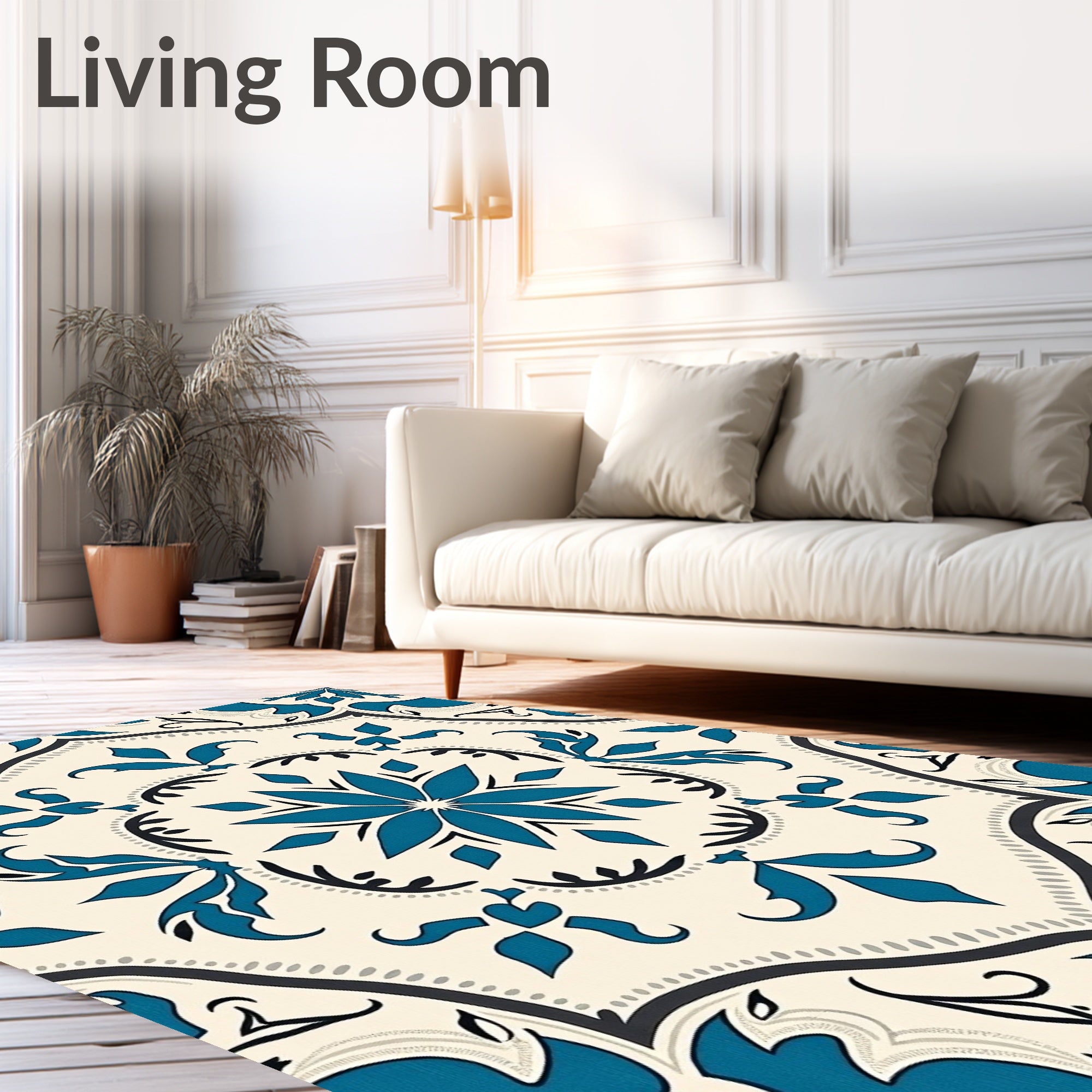 Teal Ivory Floral Medallion Tile Rug