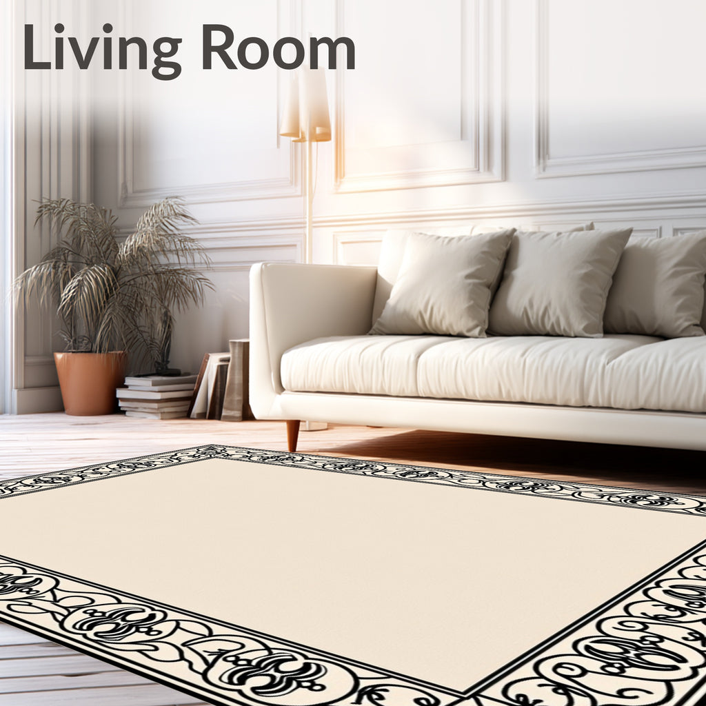 Black Ivory Ornate Scroll Border Rug