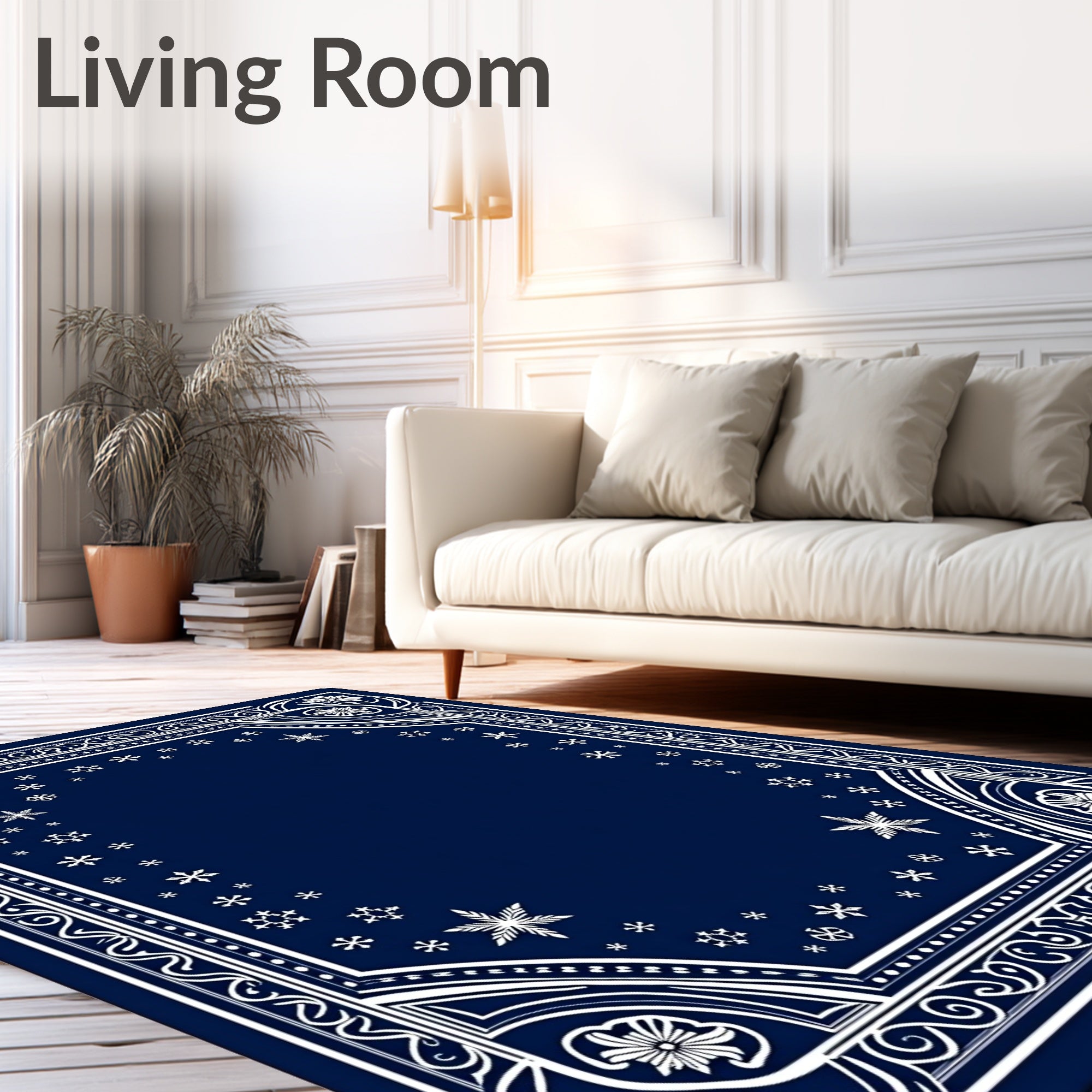 Navy Blue Snowflake Border Rug