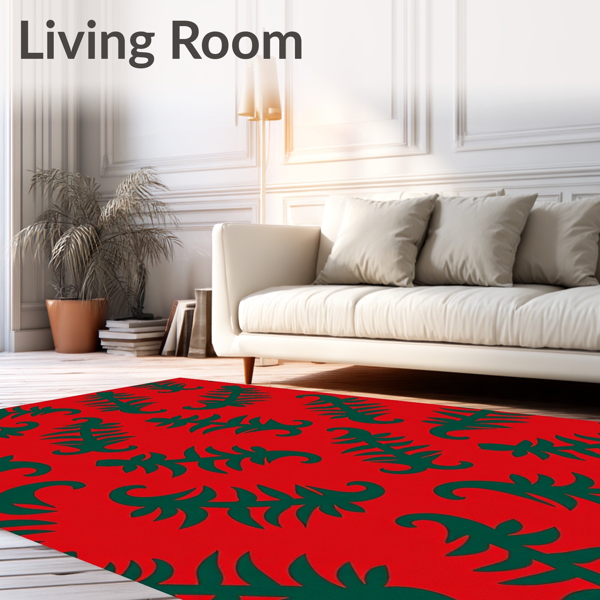 Bold Red Green Fern Foliage Rug