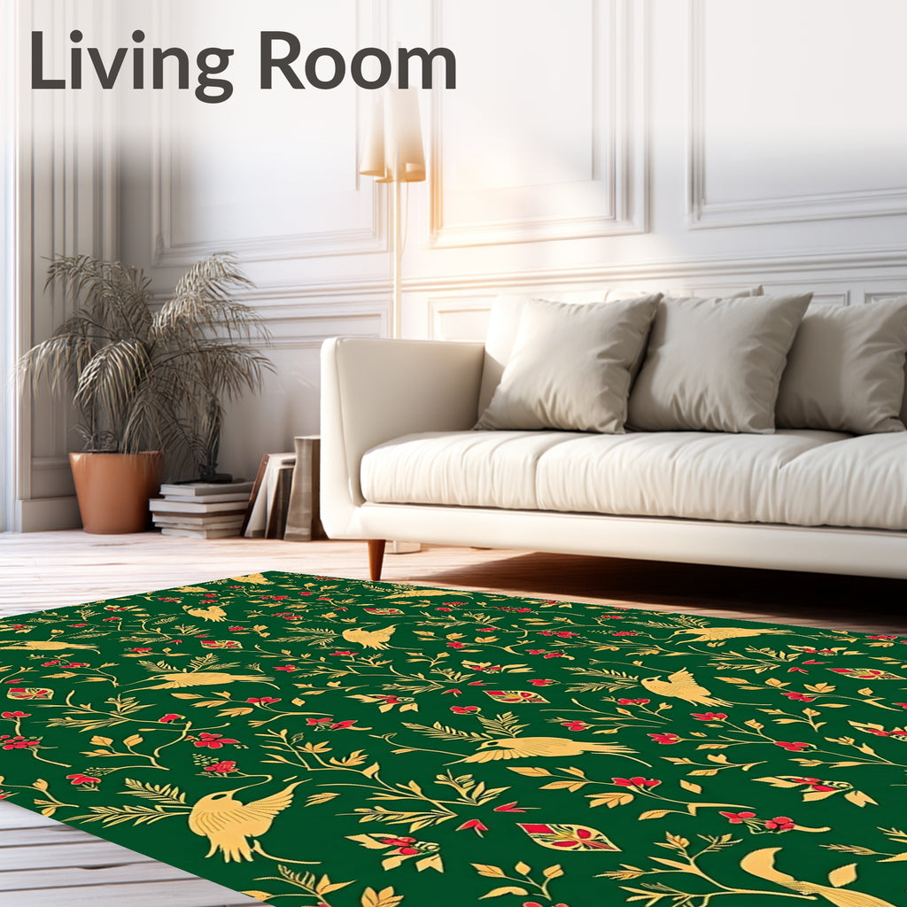 Golden Birds Emerald Floral Garland Rug