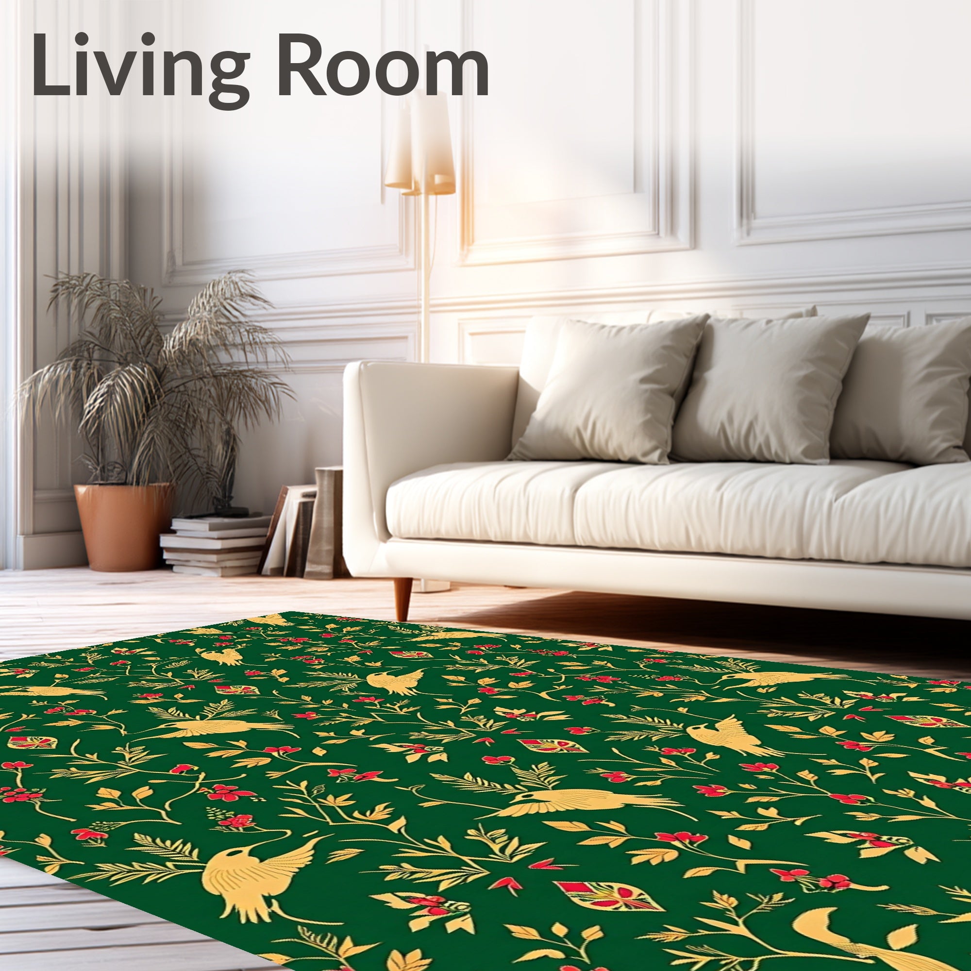 Golden Birds Emerald Floral Garland Rug