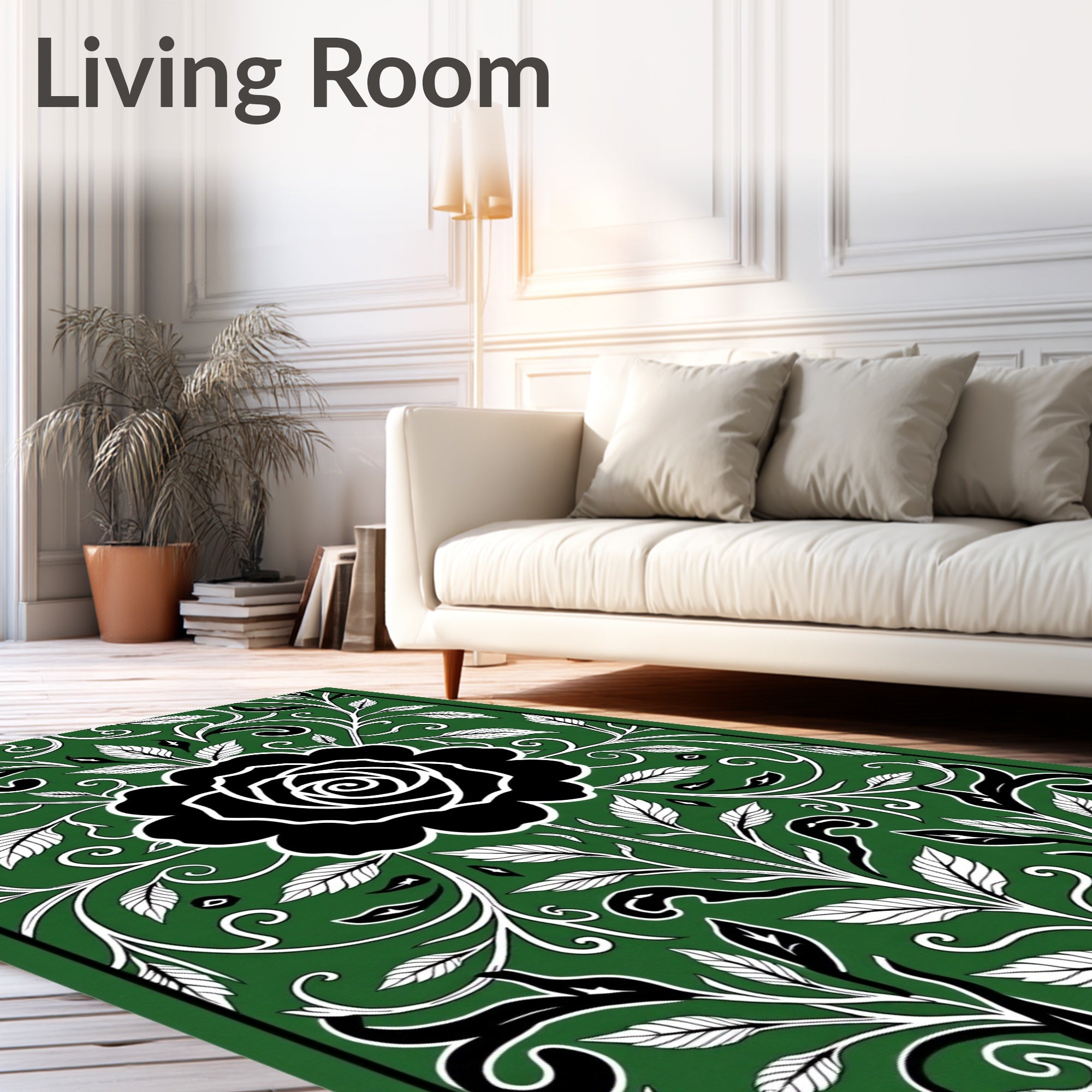 Black Rose Green Floral Scroll Rug