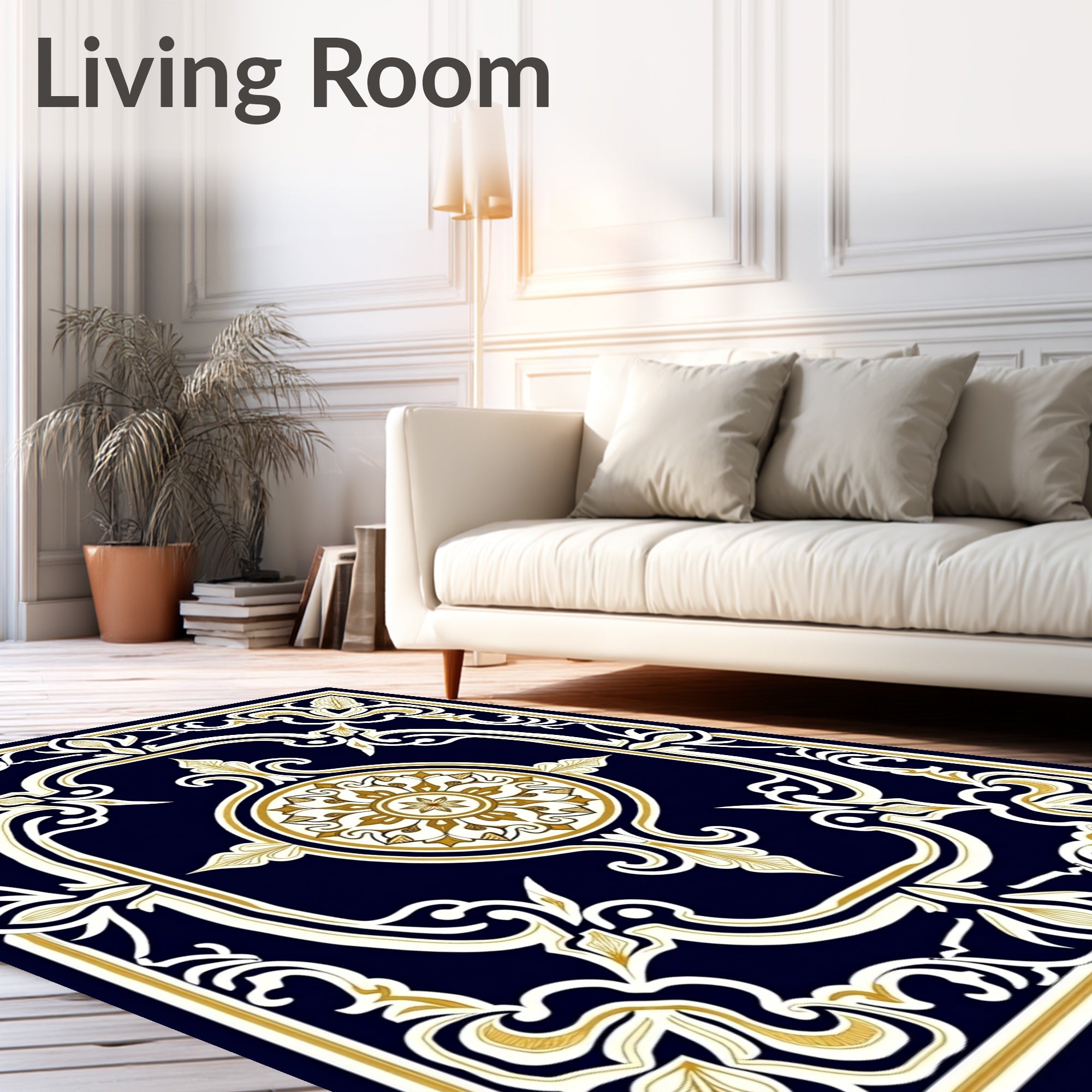 Navy Blue Golden Medallion Floral Rug