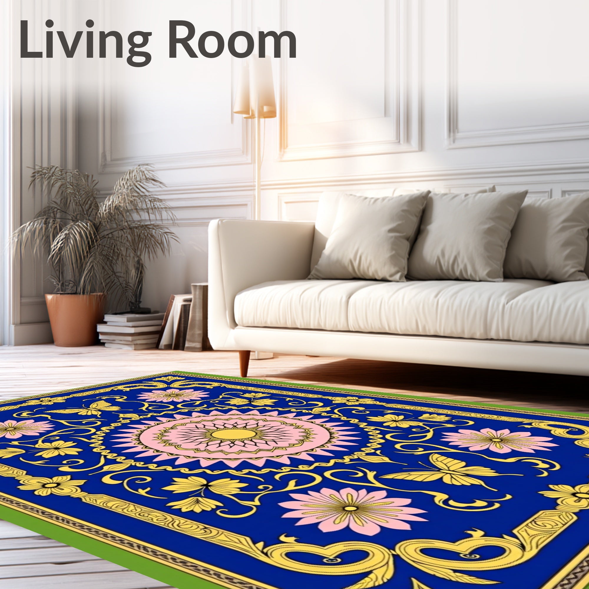 Royal Blue Golden Butterfly Floral Medallion Rug