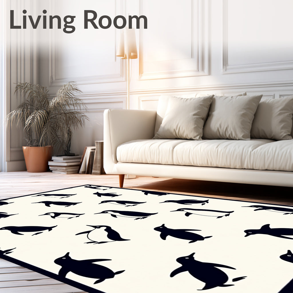 Playful Black Penguin Scatter Cream Rug