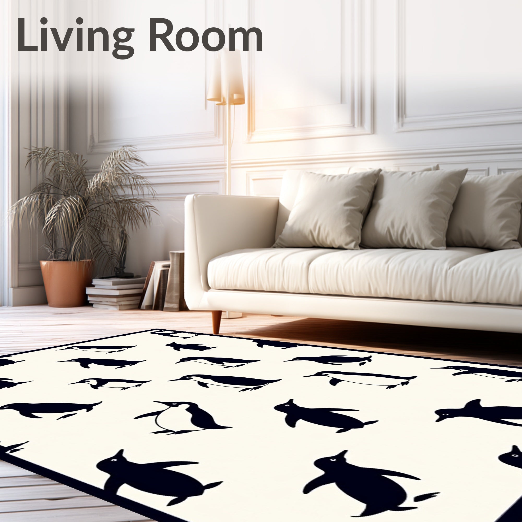 Playful Black Penguin Scatter Cream Rug