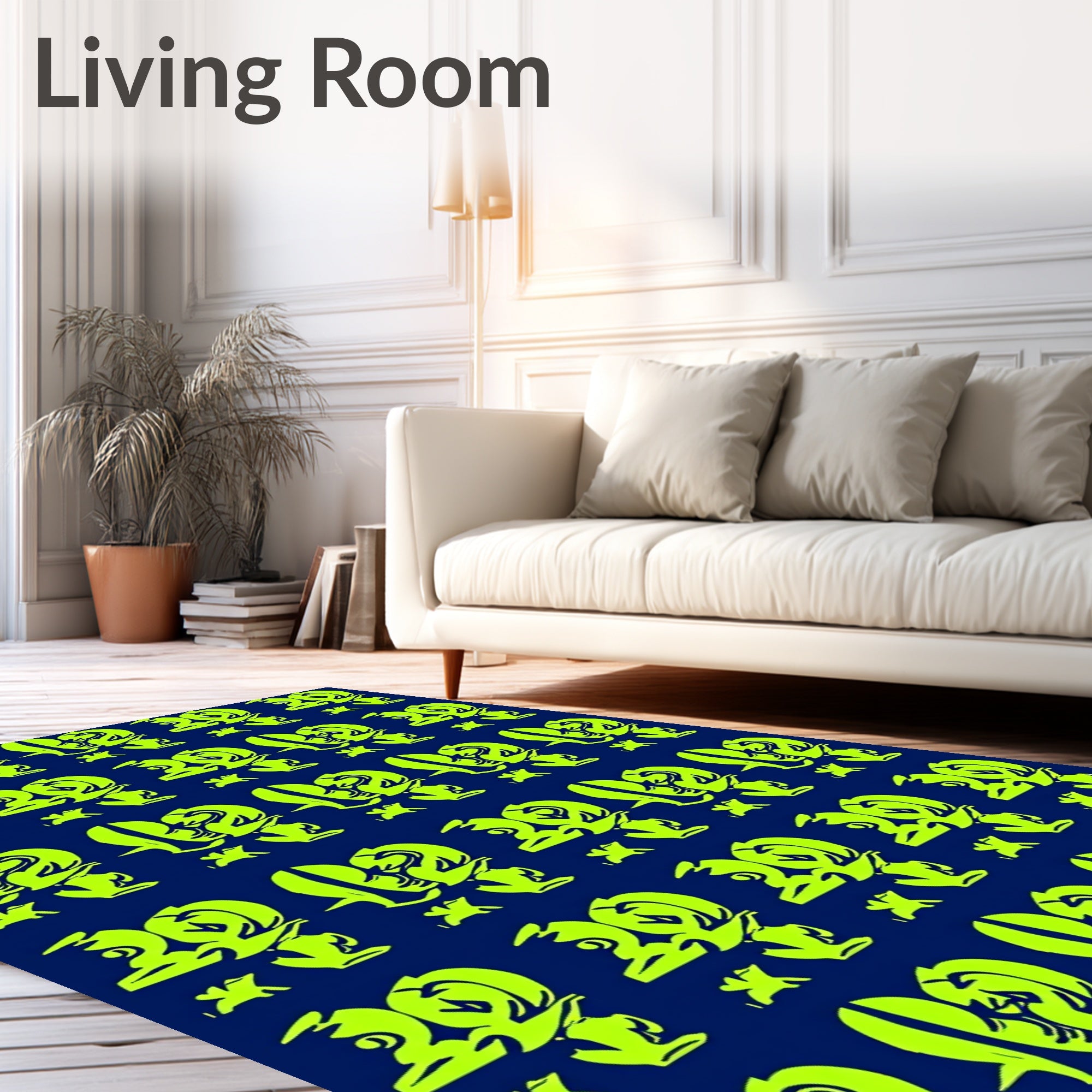 Bright Lime Geometric Figures Navy Rug