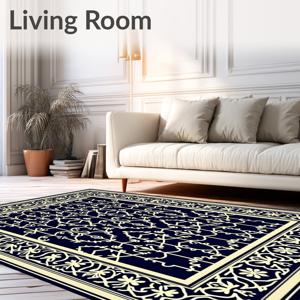 Royal navy cream ornate floral gate Rug