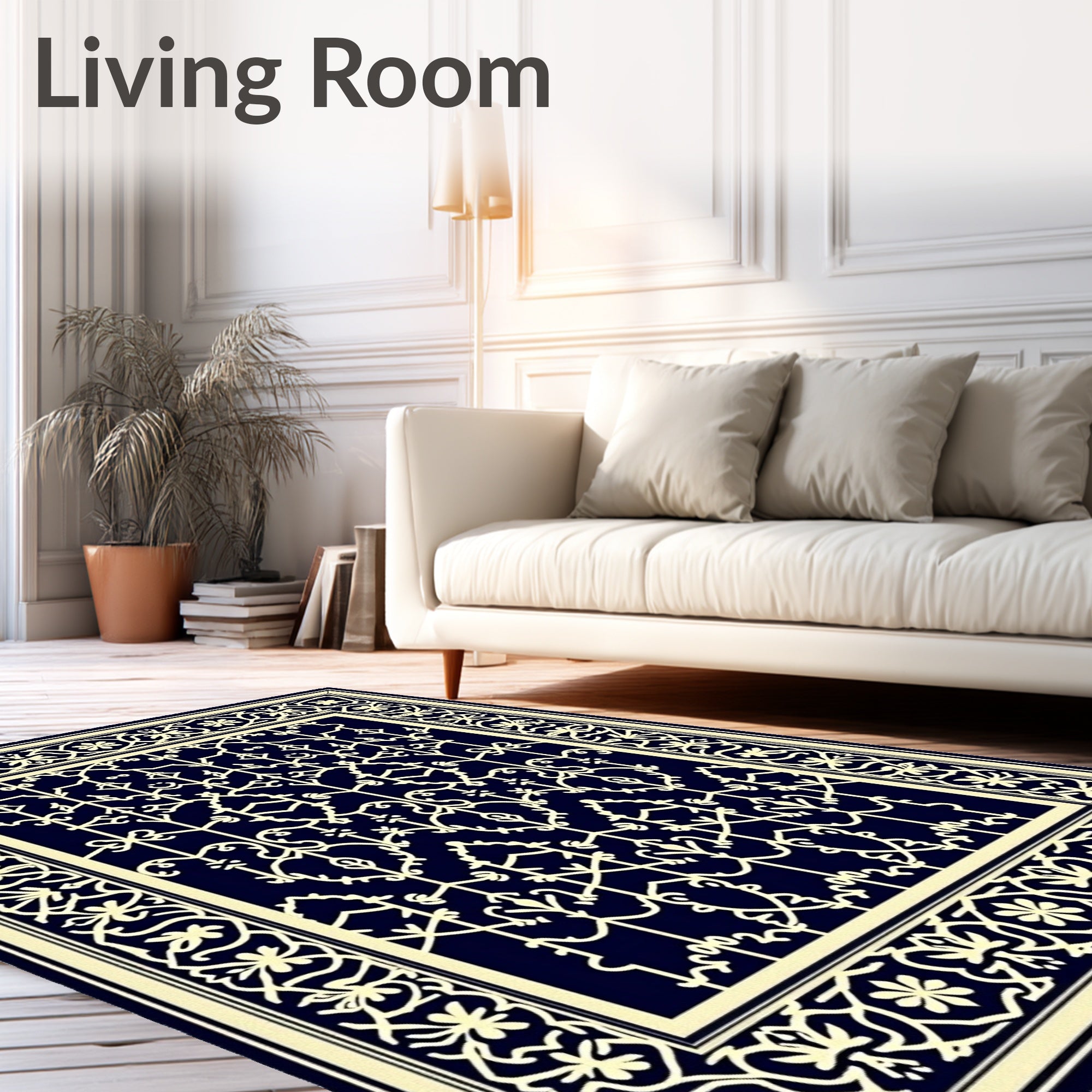Royal navy cream ornate floral gate Rug