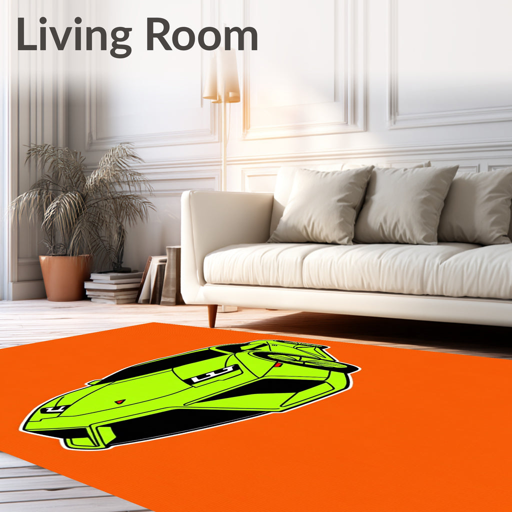 Vibrant Lime Sports Car Orange Background Rug