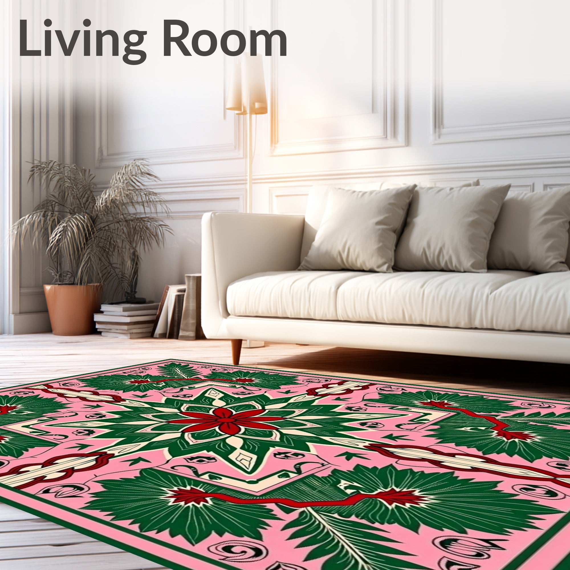 Pink With Green Floral Medallion Arrangement Rug