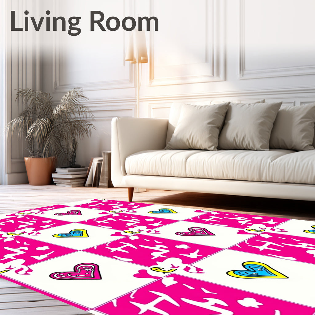 Vibrant Pink Blue Yellow Heart Checkered Rug