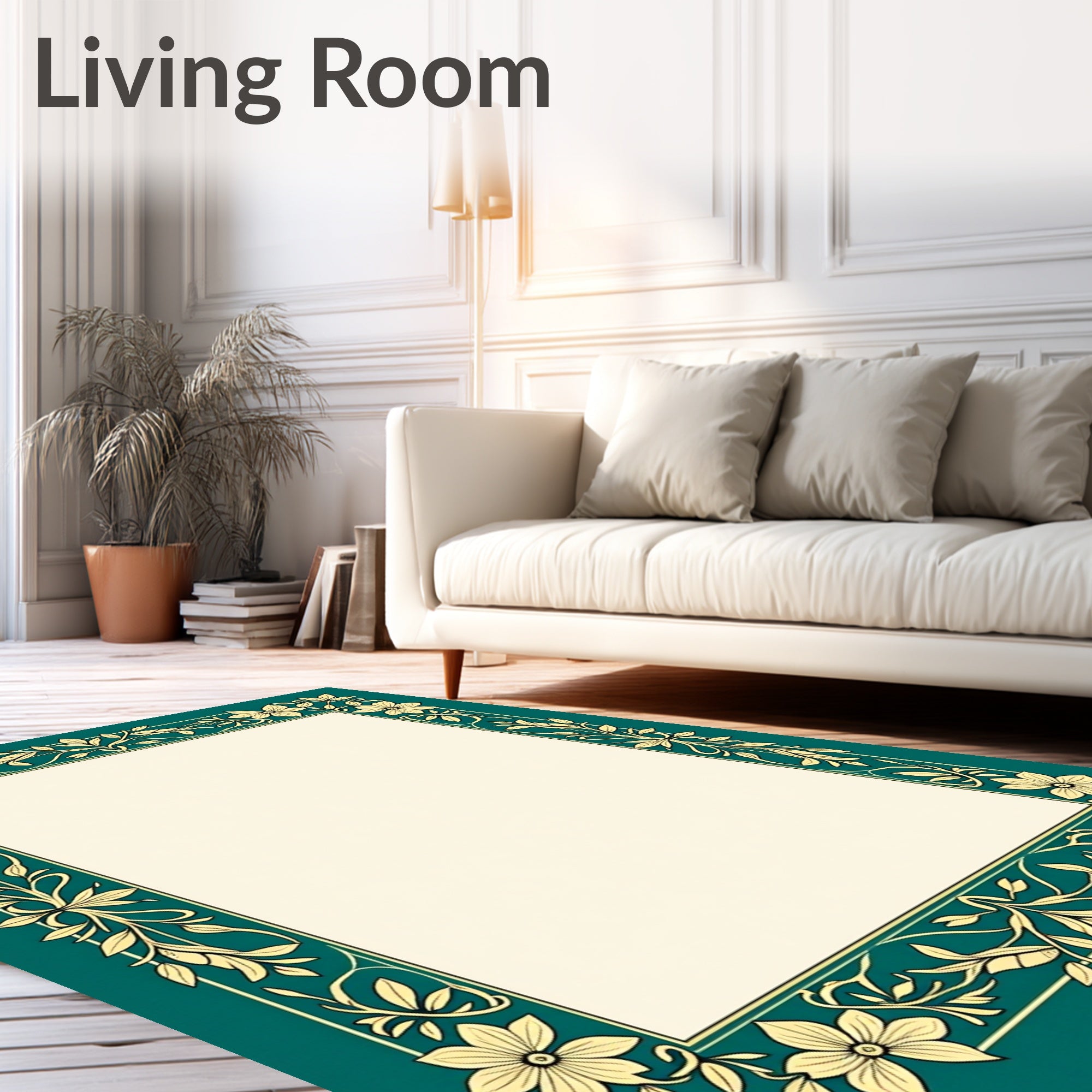 Elegant Teal Floral Vine Border Rug
