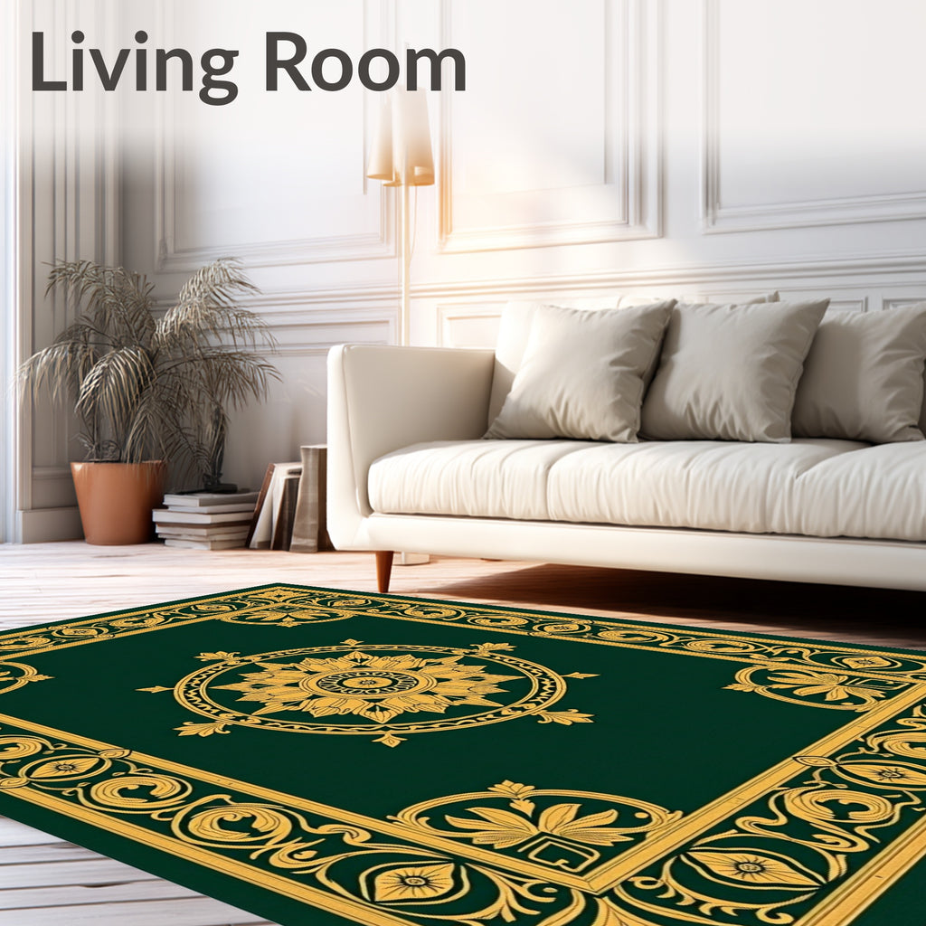 Green and Gold Floral Medallion Border Rug