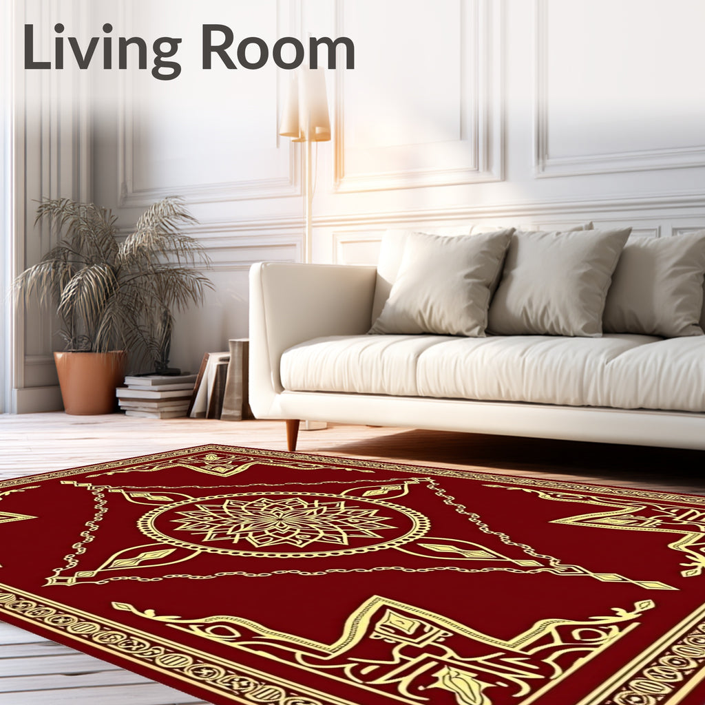 Deep Red Golden Medallion Border Rug
