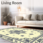 Cream and Navy Floral Medallion Rug