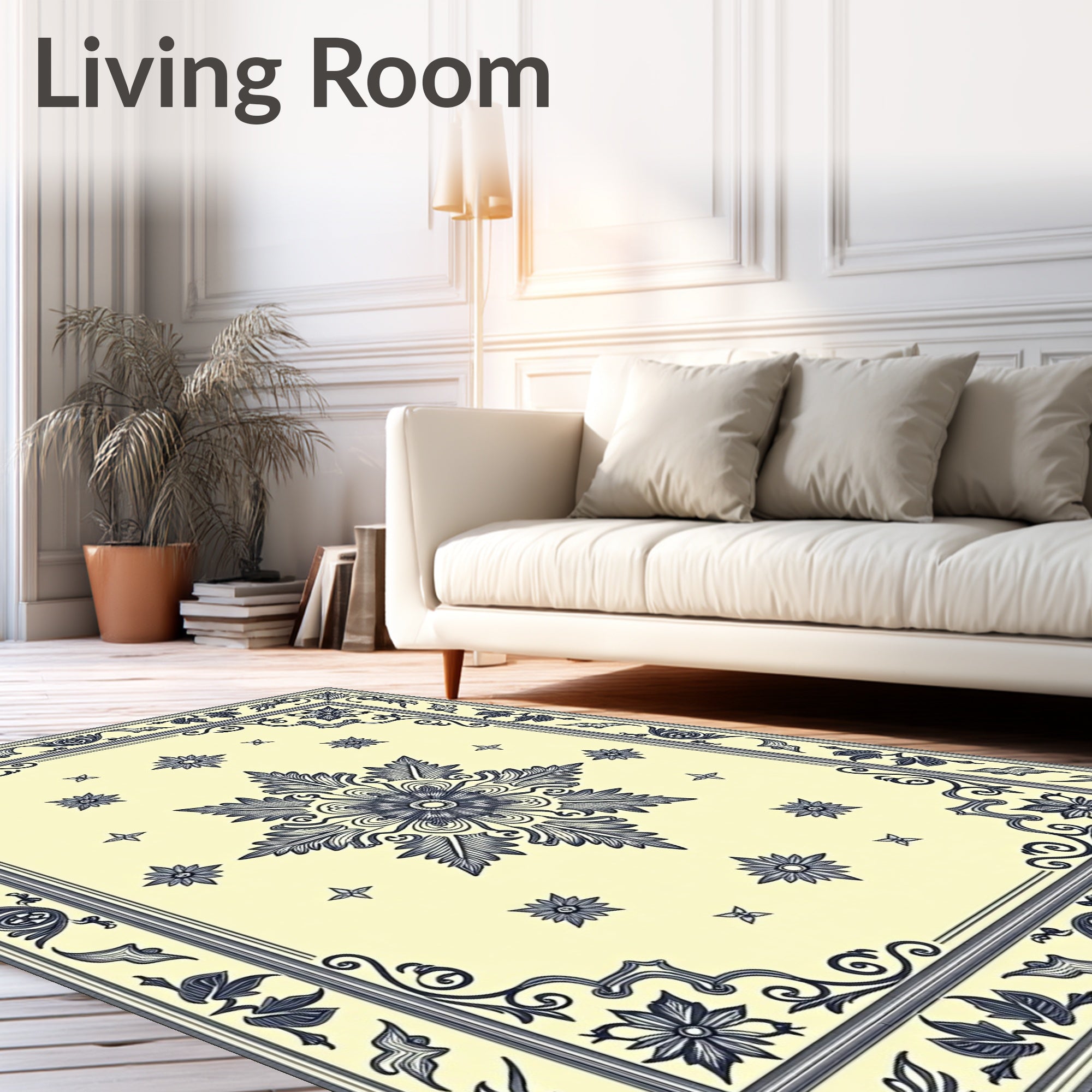 Cream and Navy Floral Medallion Rug