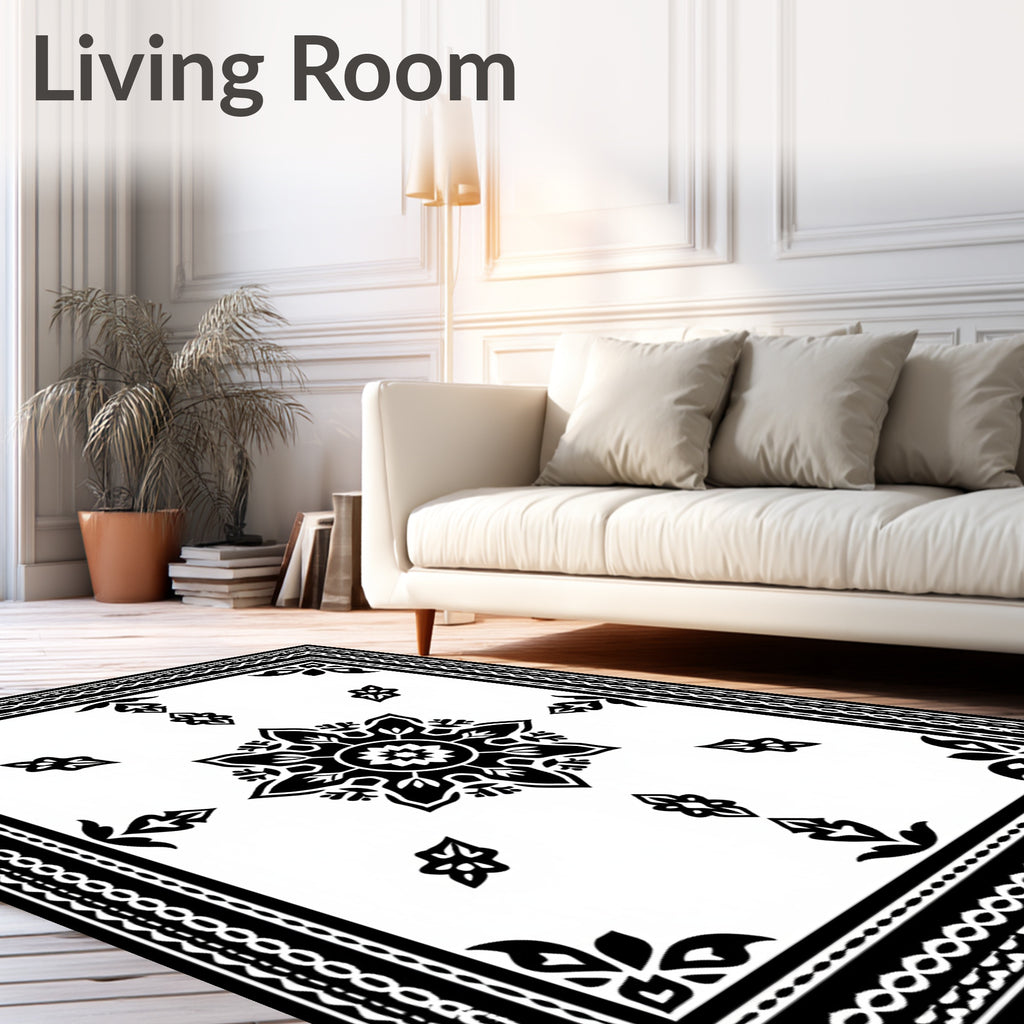 Classic Black White Medallion Border Rug
