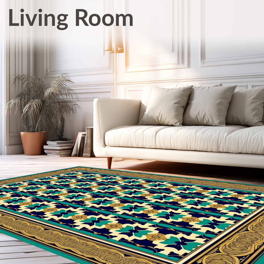 Navajo Inspired Teal Geometric Border Rug