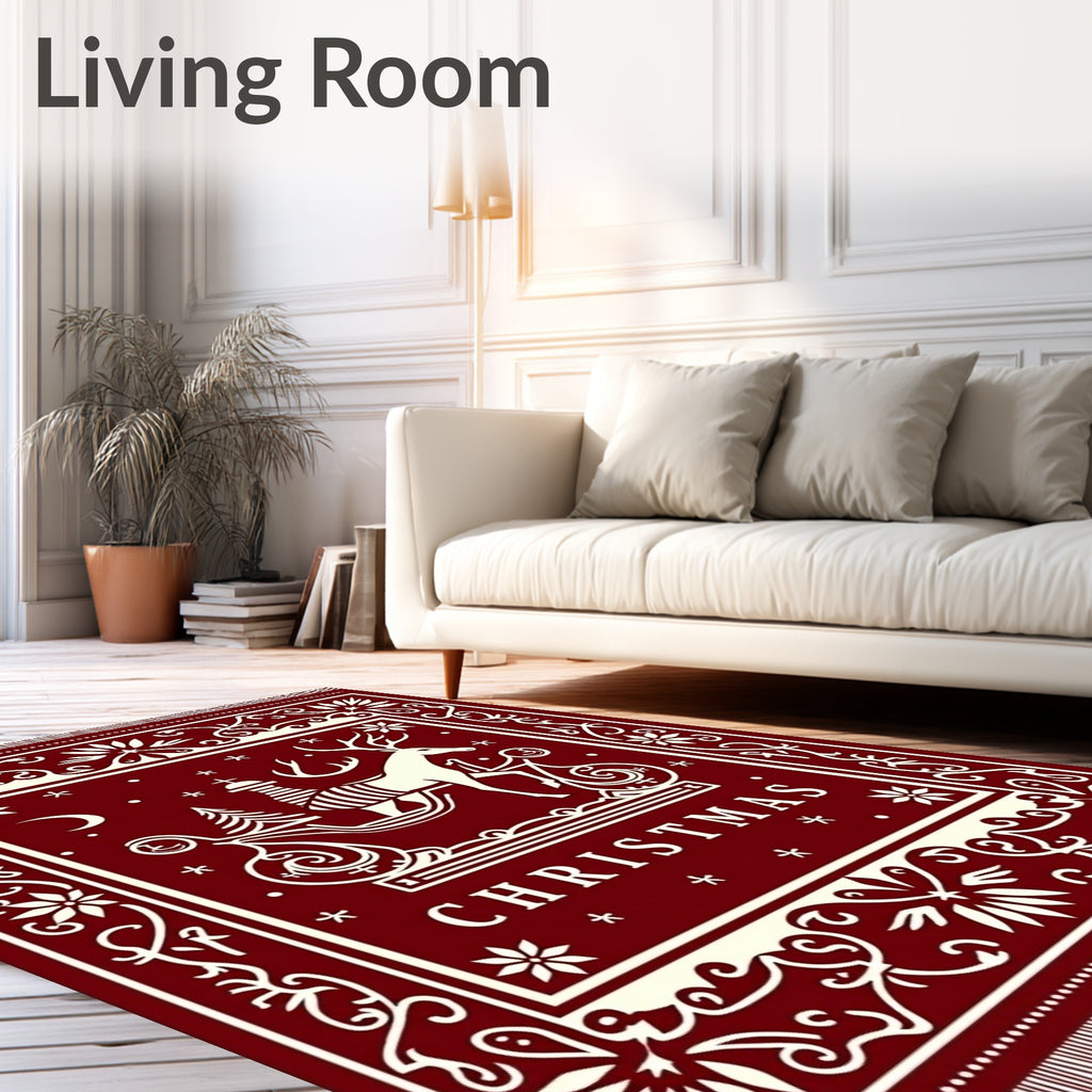 Crimson Reindeer Sleigh Christmas Scene Rug