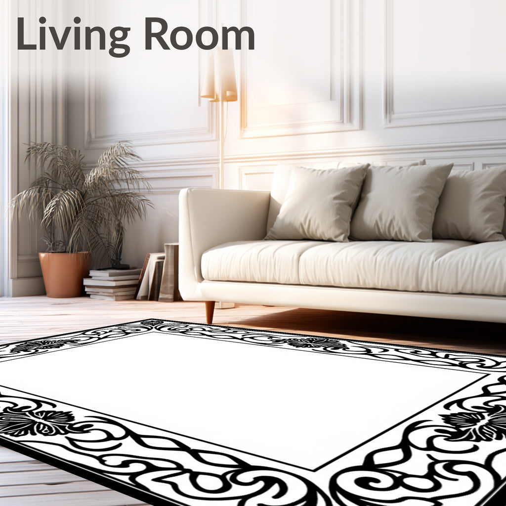 Black Ornate Floral Scroll Frame Rug