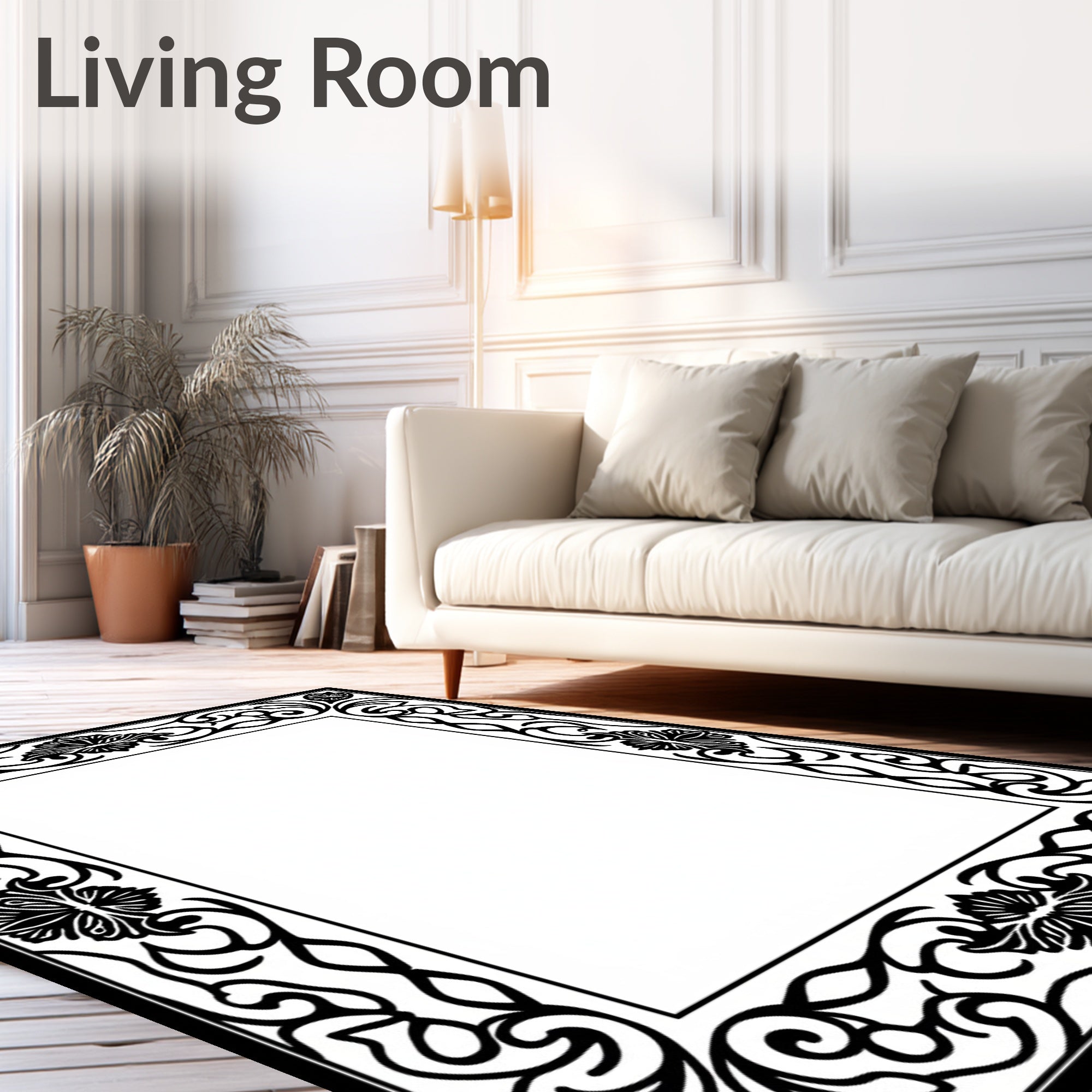 Black Ornate Floral Scroll Frame Rug