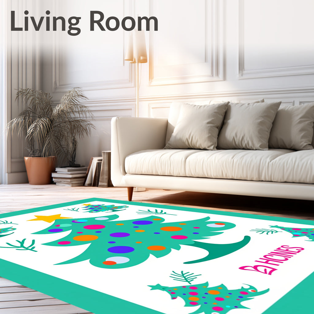 Teal Christmas Trees Colorful Ornaments Rug